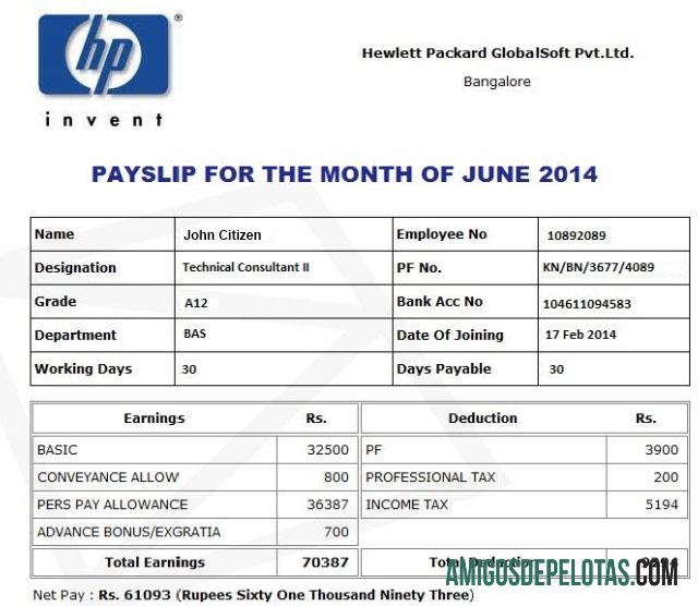 HP HEWLETT Packard GlobalSoft Pvt.Ltd Recibo de pagamento em formatos Word e PDF exemplo